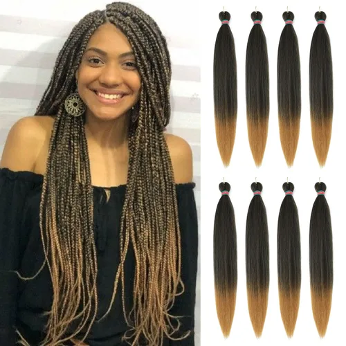 Miniatura 17 de Extensiones de cabello para trenzar verde+verde claro, preestiradas, 2 paquetes, con cabello plumoso pre-trenzado, extensiones de cabello