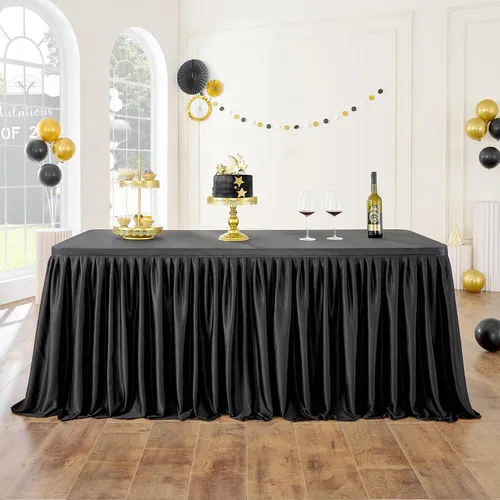 leegleri Faldas de mesa de poliéster negro de 72 pulgadas para mesas rectangulares de 6 pies (cubierta frontal), pliegues sin arrugas, falda de mesa