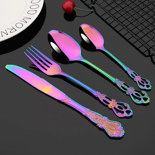 Miniatura 6 de JASHII Juego de cubiertos de acero inoxidable 304 con patrón de tallado hueco, 20 piezas de servicio para 4 vajillas arcoíris con cuchillos
