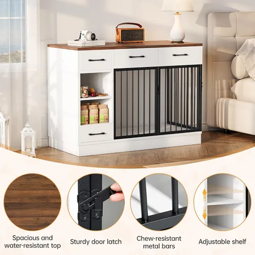 Miniatura 4 de Jaula para perros con comedero oculto y 3 cajones de almacenamiento - Jaula de madera para perros de 47.2" para interiores con estante ajustable