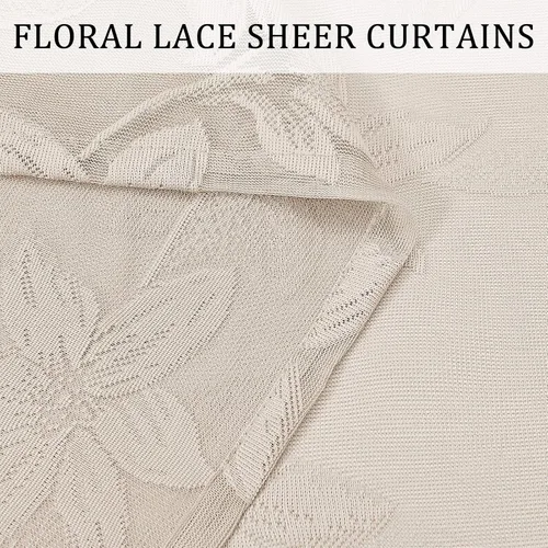 Miniatura 3 de DWCN Paquete de 2 cortinas traslúcidas pequeñas de encaje floral beige para cocina, cortinas traslúcidas ligeras con bolsillo para barra, cortinas