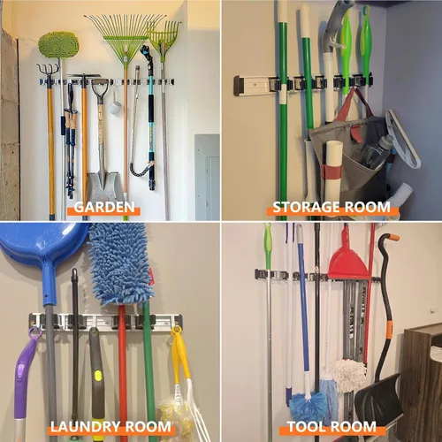 Miniatura 5 de reliahom Soporte de Pared para Escobas y Fregonas Soporte Montado en Pared para Garaje Organizador de Almacenamiento para Cocina y Jardín Negro