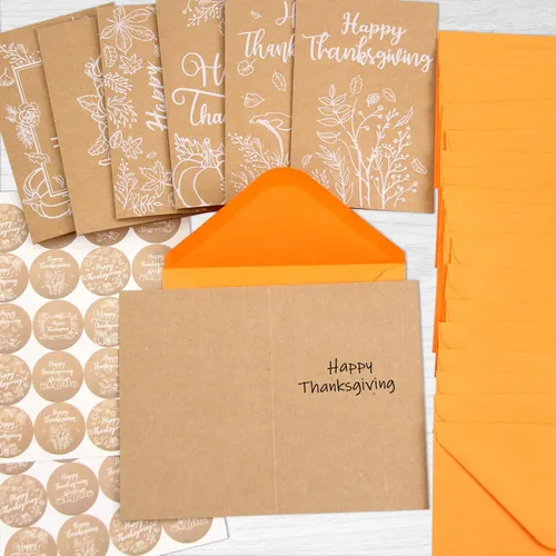 Miniatura 4 de WorldBazaar Tarjetas de felicitación de Acción de Gracias con sobres, 24 tarjetas de papel kraft de calabaza de otoño, suministros de fiesta