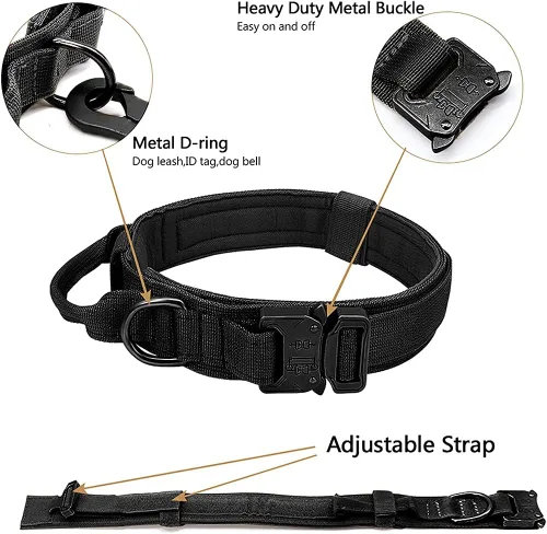 Miniatura 2 de Collar táctico militar personalizado para perro con asa, etiquetas de nombre de mascotas personalizadas para perros medianos y grandes para Negro