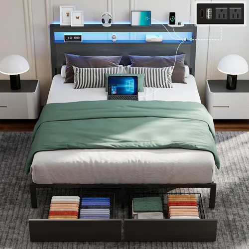 Miniatura 10 de SADENICEL Base de cama de tamaño matrimonial con almacenamiento, plataforma de cama de madera LED con cabecero, 4 cajones, estación de carga,