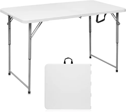 Byliable Mesa plegable portátil de plástico resistente de 4 pies, mesa utilitaria plegable por la mitad, pequeña para interiores y exteriores, Blanco