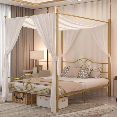 Miniatura 3 de Weehom - Estructura de cama con dosel individual, con cabecero y pie de cama, cortinas de cuatro postes de metal, diseño de plataforma de cama