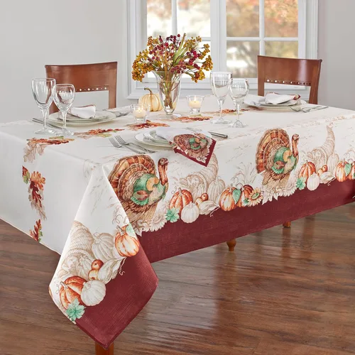 Miniatura 2 de Elrene Home Fashions Mantel de otoño con bordes de pavo y resistente a arrugas, cubierta para mesa de temporada, 152 x 213 cm, rectangular