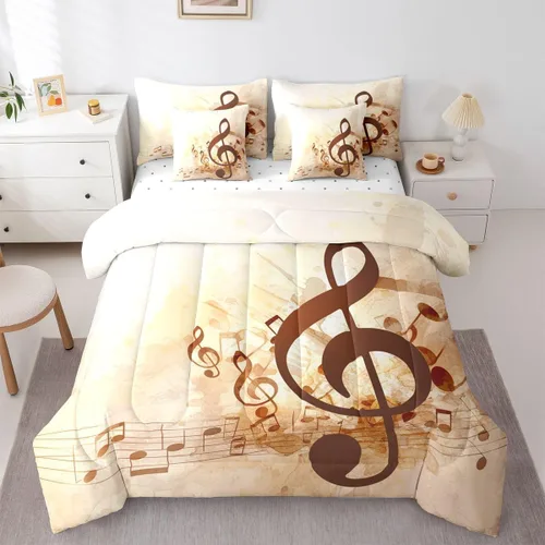 Erosebridal Juego de edredón de 7 piezas con notas musicales de tamaño King, diseño de música giratoria retro, sábanas y fundas de almohada, estilo