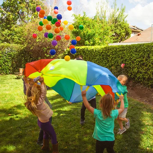Miniatura 5 de NARMAY Paracaídas de juego para niños, paracaídas arcoíris de 6 pies con 8 asas, juguete de juego de grupo cooperativo para juegos en interiores