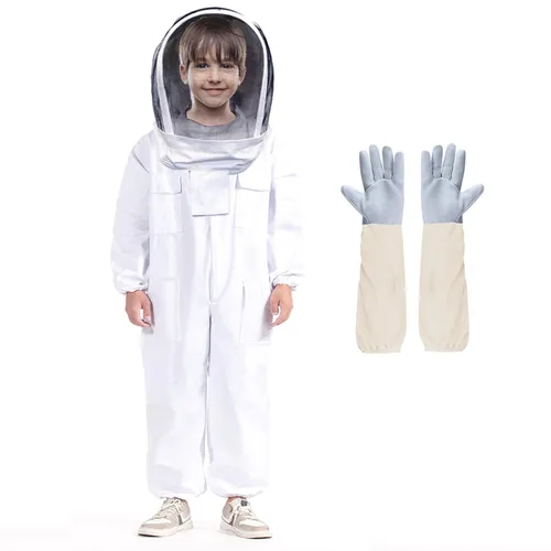 LONGADS Traje de abeja profesional para niños y niñas, traje de apicultura con guante y capucha ventilada, traje de abeja de varios tamaños para