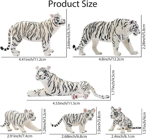 Miniatura 2 de Toymany 6 figuras realistas de tigres blancos con cachorros de tigre, figuras familiares de animales de la selva de 2 a 6 pulgadas, incluye tigres