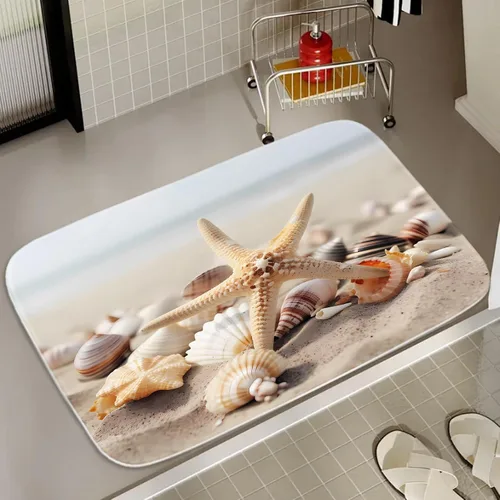 Miniatura 25 de Alfombra de baño de terciopelo coral con diseño náutico de tortugas marinas, animales de playa, tapete de ducha antideslizante para baño de océano