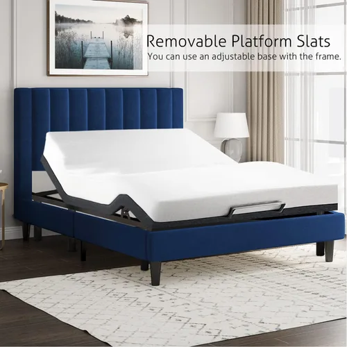 Miniatura 7 de SHA CERLIN - Base de cama tapizada de terciopelo tamaño completo con cabecero/Base de cama tapizada de plataforma con cabecero/Soporte de listones