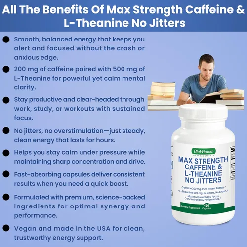 Miniatura 9 de Max Strength Caffeine L Theanine Pills (200 mg/500 mg) – Sin nerviosismo máximo de energía, enfoque, rendimiento, alerta – Pastillas de cafeína