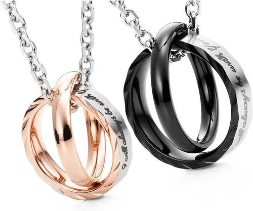 Miniatura 2 de Urban Jewelry Collar con colgante de doble anillo grabado para parejas para él y para ella