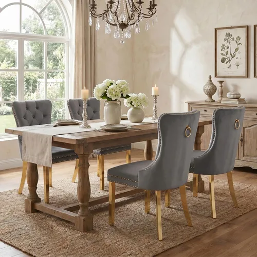 Miniatura 3 de SoarFlash Juego de 4 Sillas de Comedor de Terciopelo, Sillas de Comedor Tapizadas Acolchadas con Ribete de Tachuelas y Patas Chapadas en Oro Sólido