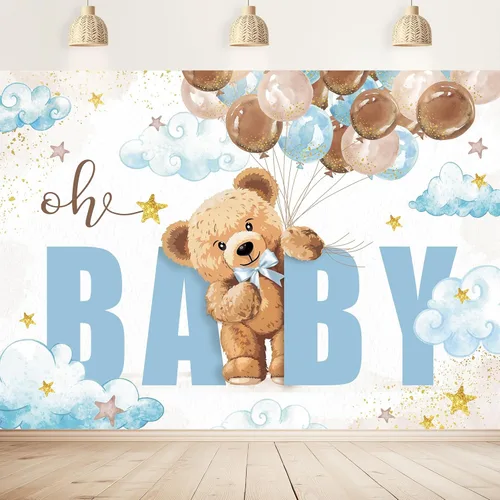 Miniatura 18 de Telón de fondo de oso para baby shower, de 5 pulgadas de ancho x 3 de alto, con texto en inglés «We Can Bearly Wait Brown Blue Balloons» de dibujos
