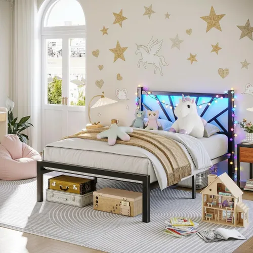 Miniatura 3 de Homkdom Estructuras de Cama Individual de Metal con Luces LED, Estructuras de Cama Individual con Cabecero, Base de Colchón de Servicio Pesado