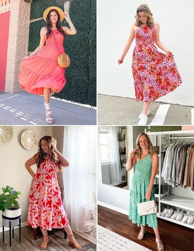 Miniatura 8 de ZESICA Vestido largo midi de verano bohemio con estampado floral de un hombro, sin mangas, fruncido con volantes, escalonado, para playa