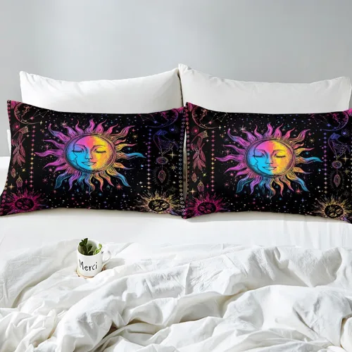 Miniatura 6 de Erosebridal Juego de ropa de cama bohemio con sol y luna, funda de edredón hippie de 3 piezas, colorida funda de edredón teñida anudada, funda