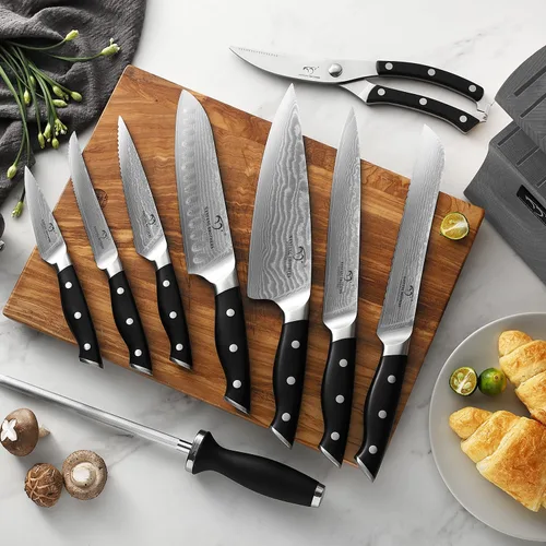 Miniatura 5 de Damascus - Juego de cuchillos de cocina de 15 piezas con bloque, mango ergonómico de ABS para juego de cuchillos de chef y cuchillos de carne