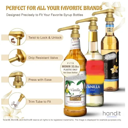 Miniatura 3 de HANDIT - Bombas de jarabe de café dorado con cubiertas para puntas Se adapta a botellas de 25.4 onzas líquidas/750ml de Torani, Skinny, Davinci