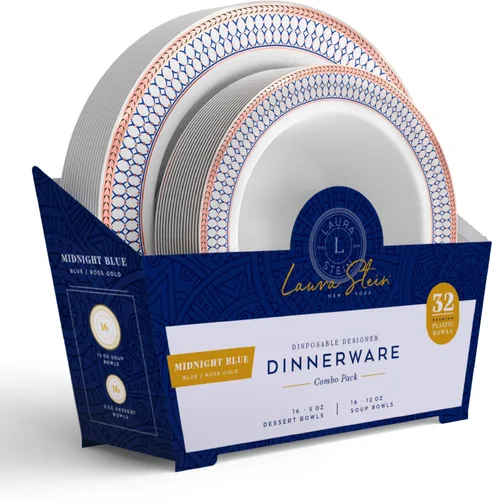 Miniatura 3 de Laura Stein Juego de vajilla de diseñador 32 cuencos de plástico desechables para fiestas, cuenco de boda blanco con borde azul y detalles de oro