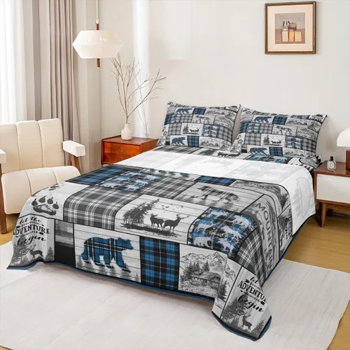 Miniatura 31 de Rustic Lodge - Juego de sábanas tamaño individual con diseño de oso y alce, diseño de retazos, color rojo y negro, a cuadros, ropa de cama de Multi