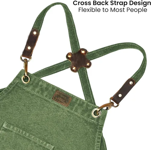 Miniatura 4 de LEATHER VILLAGE Delantales de chef para hombres y mujeres con bolsillos grandes, delantal de trabajo ajustable de lona de algodón con espalda Verde