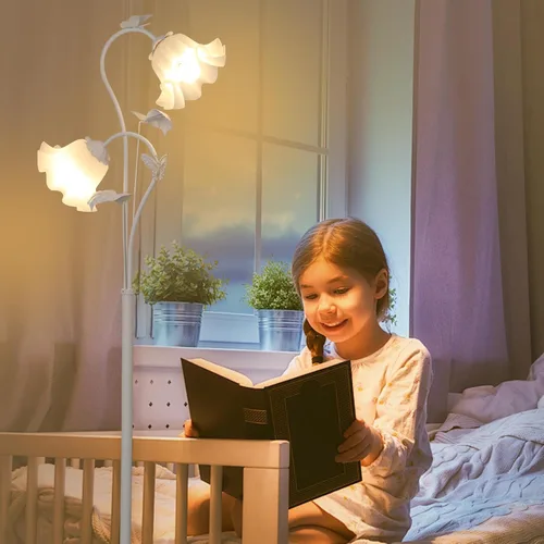 Miniatura 5 de HMVPL Lámpara de pie blanca con flores, lámpara alta floral con 2 bombillas LED de 5W, interruptor de pie, lámpara de pie moderna de esquina