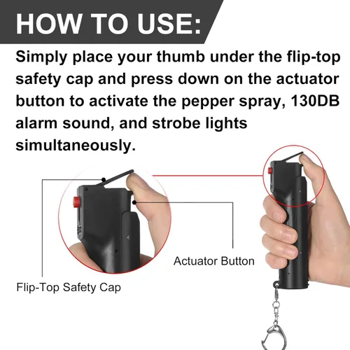 Miniatura 7 de Alarma personal de autodefensa 3 en 1 para mujeres, gel de pimienta y sirena de 130 dB y luces estroboscópicas, tapa de seguridad abatible, cargador