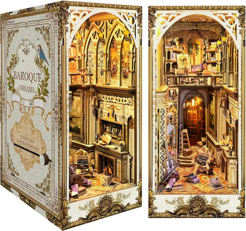 Kit de rincón de libros de bricolaje, diorama de sujetalibros con LED, rompecabezas de madera 3D, kits de casa en miniatura para bricolaje,