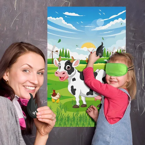 Miniatura 5 de Hxezoc Pin The Tail on the Cow Game con 50 piezas de colas, póster de juegos de fiesta de vaca grande para niños, fiesta de cumpleaños temática
