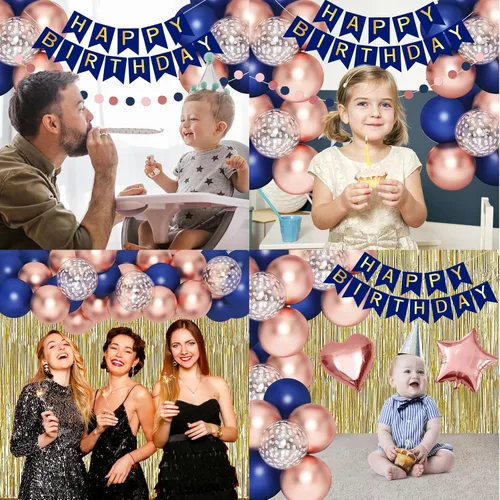 Miniatura 7 de Kit de decoración de cumpleaños azul marino y oro rosa, globos de oro rosa para suministros de fiesta de cumpleaños para mujeres, niñas y hombres