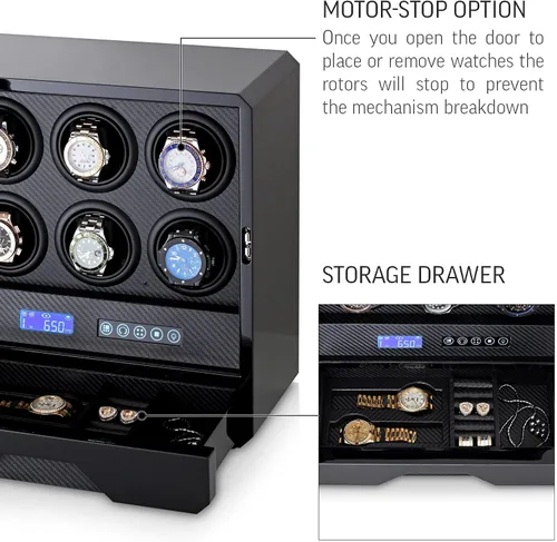 Miniatura 6 de Bobinador de reloj para 6 relojes automáticos con retroiluminación LED, control remoto y cajón de almacenamiento para relojes y joyas
