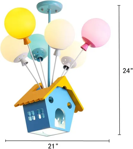 Miniatura 2 de RUNNUP Candelabro creativo de globos con casa de madera, 7 luces, cristal multicolor, colgante de techo para dormitorio infantil, habitación