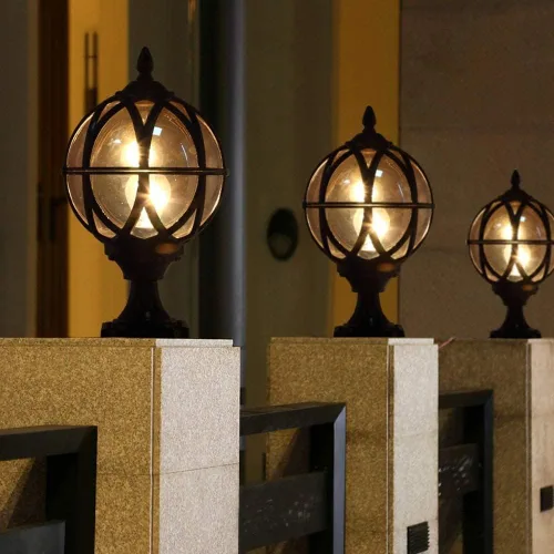 Miniatura 4 de Lámpara de poste al aire libre Retro ámbar bola de vidrio pilar luces impermeable de aluminio fundido lámpara de columna Villa Patio Jardín parque