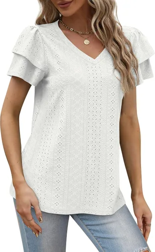 Miniatura 3 de Geifa Camisetas de verano para mujer, con volantes, manga corta, cuello en V, ajuste holgado, con ojales