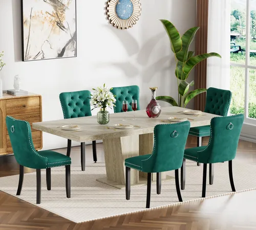 Miniatura 42 de Henf Juego de mesa de comedor extensible de 7 piezas para 6, 160 cm-200 cm Mesa de cocina extensible de grano de mármol blanco con 6 sillas Blanco