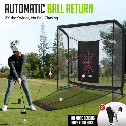 Miniatura 2 de Zealfeel Golf Net, Golf Simulator Enclosure Net with Side Barriers & Auto-Ball Return, Low-Noise Silk Target, Carry Bag, 2 Sand Bags, 4 Stakes