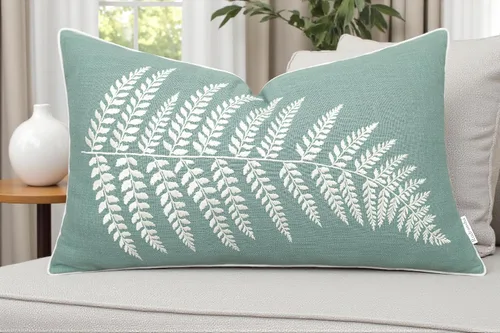 Miniatura 10 de Rudransha Funda de almohada lumbar con bordado de hojas de helecho botánico, 12 x 18 pulgadas, algodón de huevo de Robin Robins Huevo-helecho