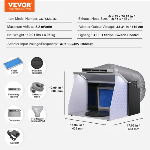 Miniatura 7 de VEVOR Cabina de aerosol para aerógrafo, kit portátil de cabina de aerosol de pintura para pasatiempos con 4 luces LED, potentes ventiladores