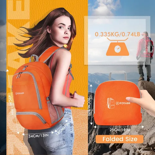 Miniatura 2 de ZOMAKE Mochila plegable ligera 30L, mochilas plegables para senderismo, mochila plegable compacta resistente al agua para viajes Naranja