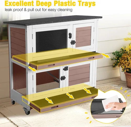 Miniatura 4 de Aivituvin Rabbit Hutch - Jaula para conejitos de interior para exteriores, casa de mascotas de 2 pisos, jaula de conejillo de indias con ruedas