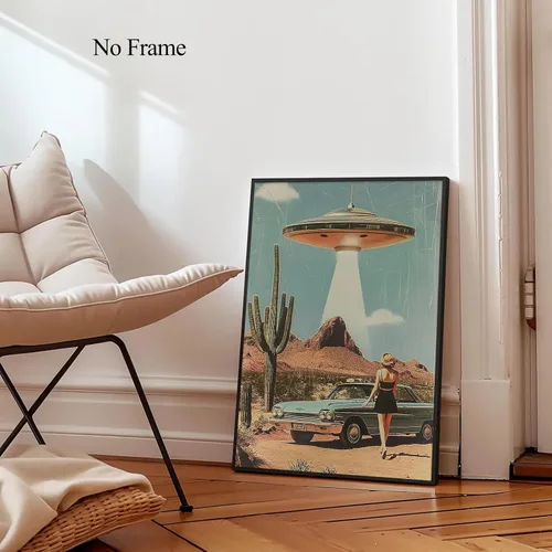 Miniatura 7 de Lienzo de paisaje del desierto para pared, póster de platillo volador, imagen retro de los años 70, estilo de los años 70, arte de pared vintage