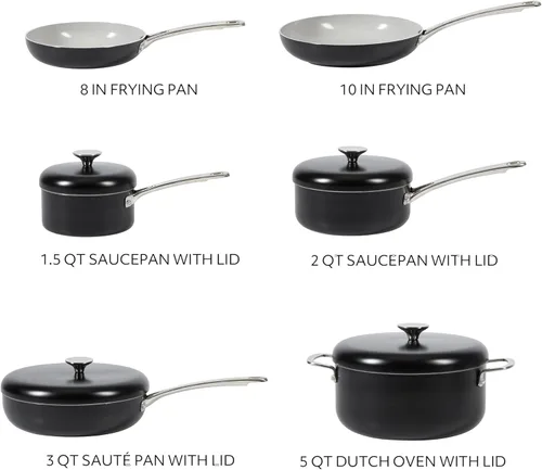 Miniatura 3 de Sur La Table Esenciales de Cocina Potluck Porch Juego de 10 piezas de ollas y sartenes de cerámica antiadherente libre de PFA con interior de Negro