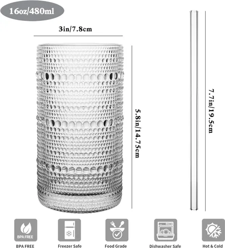 Miniatura 3 de Juego de 15 vasos de hobnail de 16 onzas / 16.2 fl oz vintage con pajitas, tazas gruesas en relieve para agua, café helado, jugo, cócteles, cocina