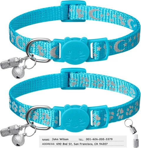 Miniatura 8 de LLHK Paquete de 2 collares de gato separables y 2 etiquetas de nombre, collar de seguridad reflectante para gatito con campana, para gatos machos