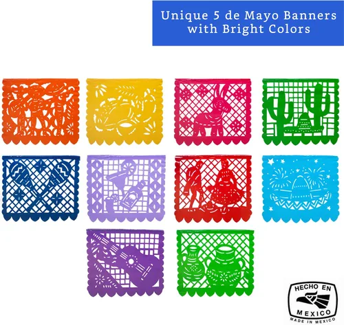 Miniatura 3 de Pancartas de fiesta mexicana (paquete de 5, 10 diseños de banderas de plástico por bandera) + piñata mexicana (grande de 32 pulgadas), pancarta